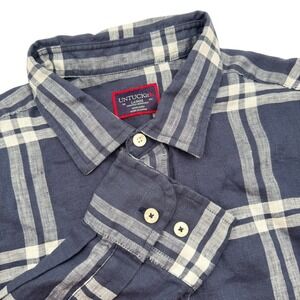 UNTUCKit Ovada Men's Large Blue White Plaid 100% Linen Button Down Shirt